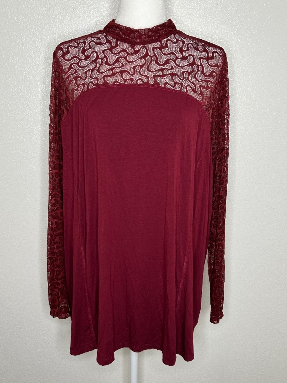 LOGO Lori Goldstein Layers Womens Burgundy Lace Knit Long Sleeve Top Size 2X